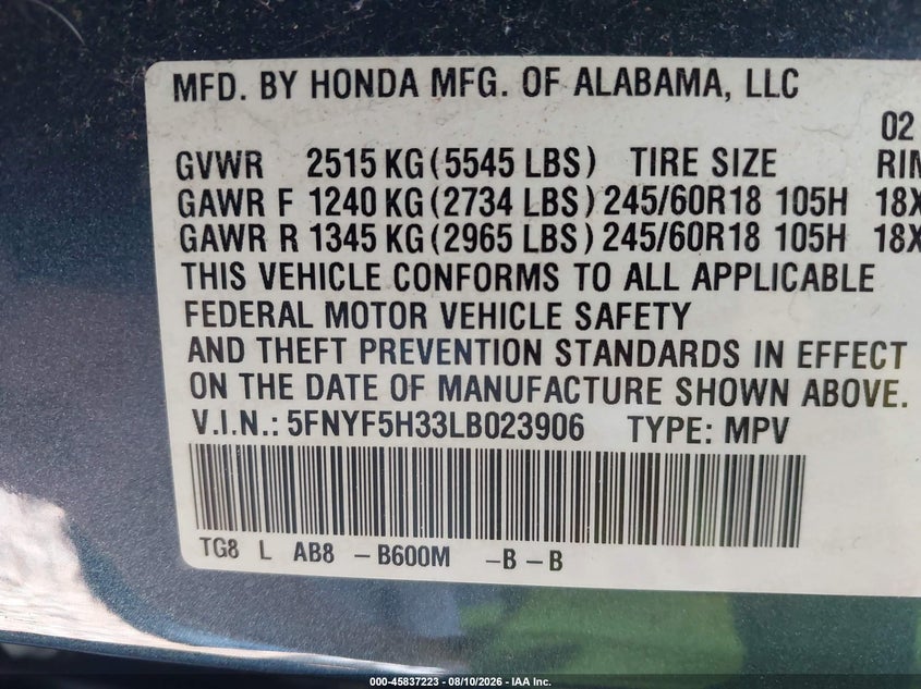 2020 HONDA PILOT SPORT UTILITY VEHICLE 3.5L V-6 DI, VVT, 280HP