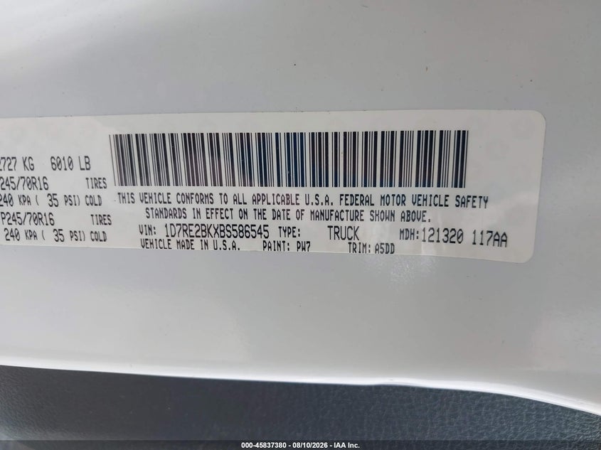 RAM DAKOTA 2011 VIN 1D7RE2BKXBS586545