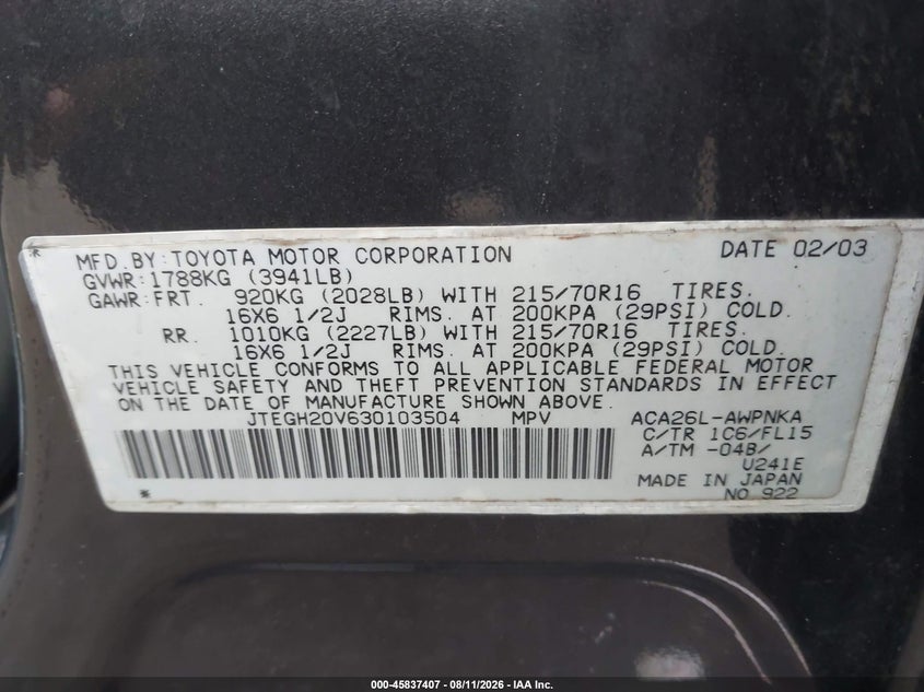 2003 TOYOTA RAV 4 SPORT UTILITY VEHICLE 2.0L I-4 DOHC, VVT, 148HP