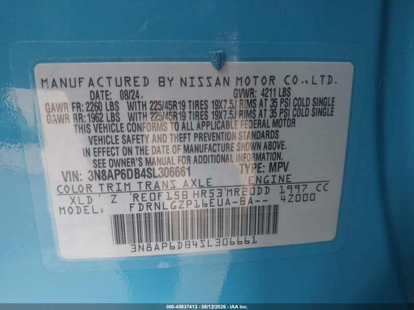 NISSAN KICKS 2025 VIN 3N8AP6DB4SL306661