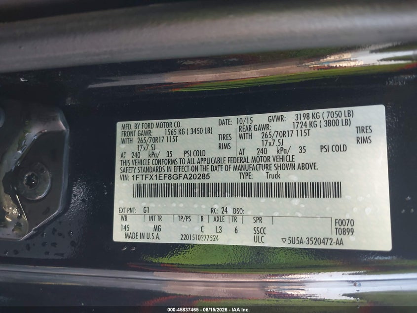 FORD F-150 2016 VIN 1FTFX1EF8GFA20285
