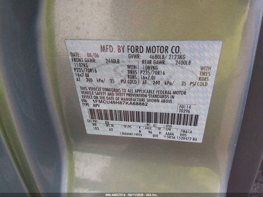 FORD ESCAPE HYBRID 2007 VIN 1FMCU49H87KA68882