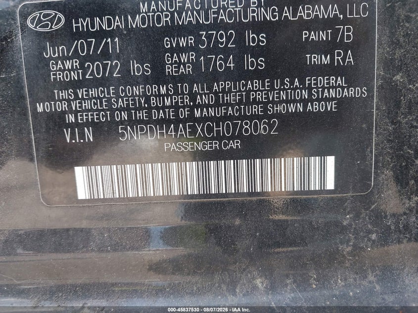 HYUNDAI ELANTRA 2012 VIN 5NPDH4AEXCH078062