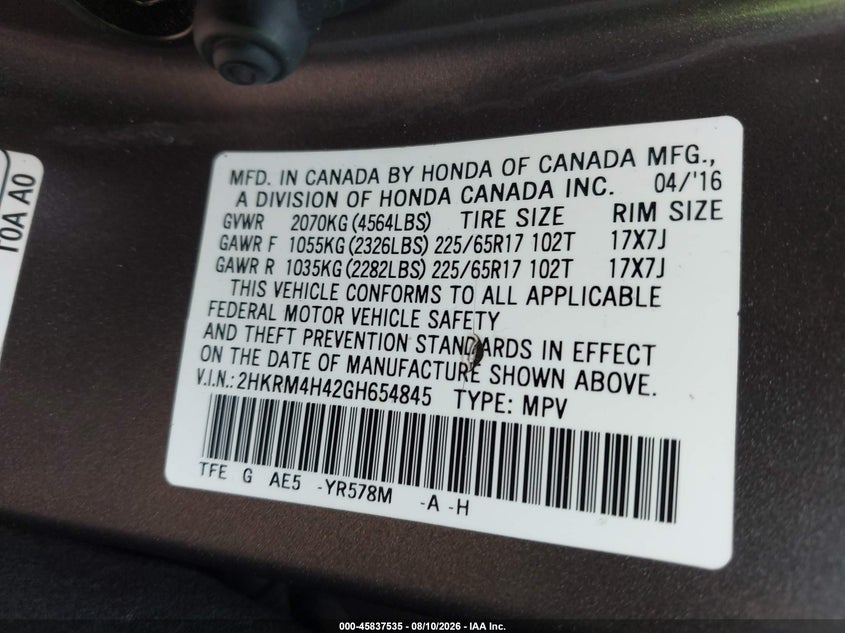 2016 HONDA CR-V SPORT UTILITY VEHICLE 2.4L I-4 DI, DOHC, VVT, 185HP