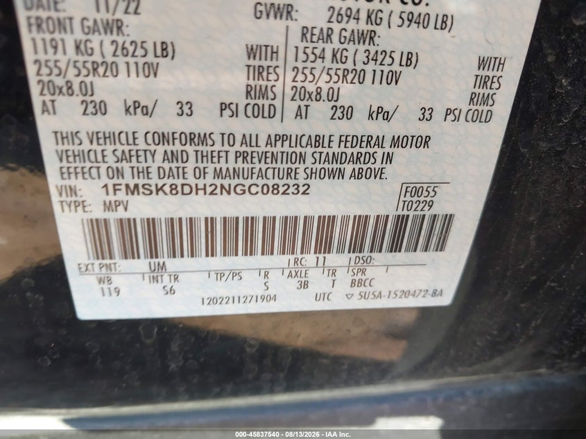 FORD EXPLORER 2022 VIN 1FMSK8DH2NGC08232