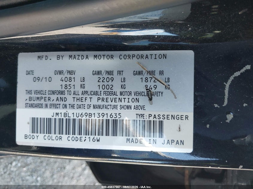 MAZDA MAZDA3 2011 VIN JM1BL1U69B1391635