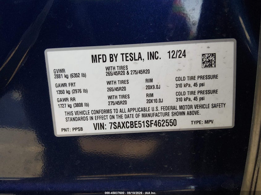 TESLA MODEL X 2025 VIN 7SAXCBE51SF462550