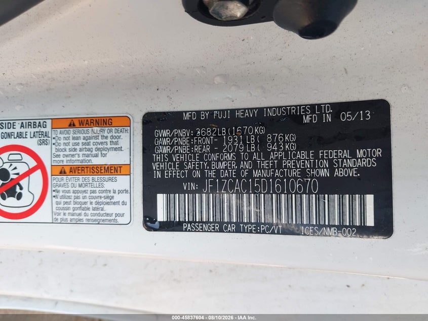 SUBARU BRZ 2013 VIN JF1ZCAC15D1610670