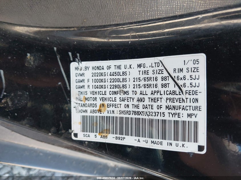 HONDA CR-V 2005 VIN SHSRD788X5U323715