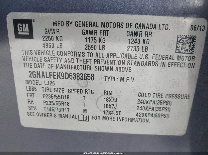 2013 CHEVROLET EQUINOX SPORT UTILITY VEHICLE 2.4L I-4 DI, DOHC, VVT, 182HP