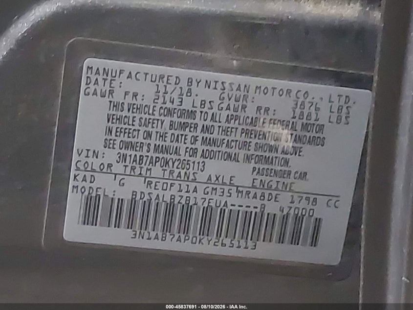 NISSAN SENTRA 2019 VIN 3N1AB7AP0KY265113