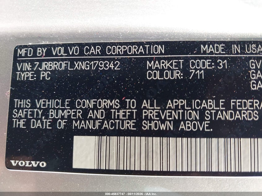 VOLVO S60 RECHARGE PLUG-IN HYBRID 2022 VIN 7JRBR0FLXNG179342