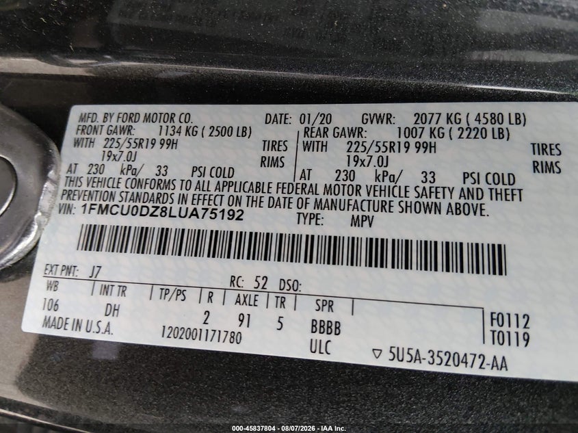 2020 FORD ESCAPE SPORT UTILITY VEHICLE 2.5L I-4 DOHC, VVT, 165HP