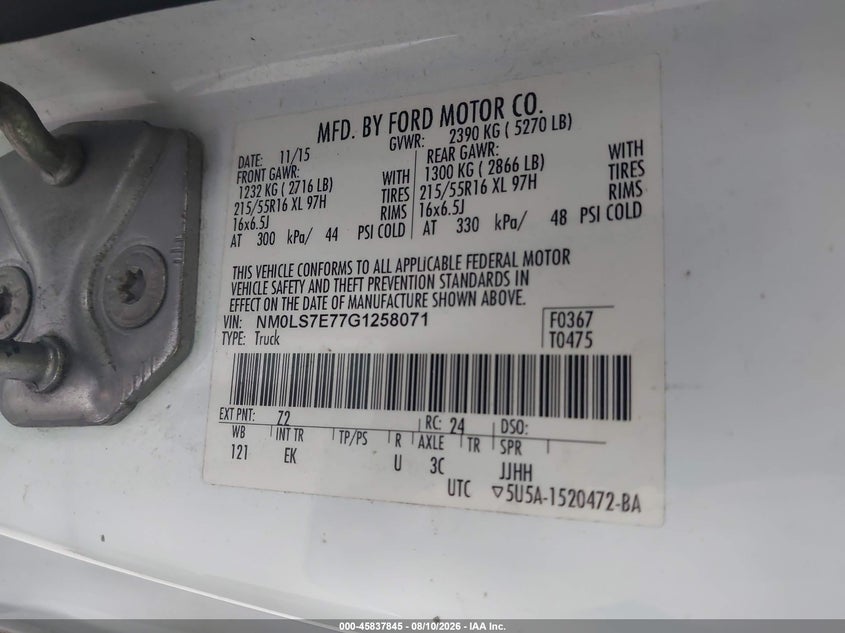 FORD TRANSIT CONNECT 2016 VIN NM0LS7E77G1258071
