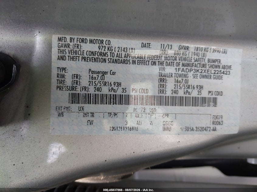 FORD FOCUS 2014 VIN 1FADP3K2XEL225423