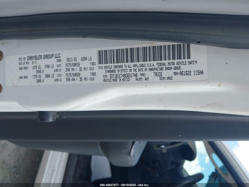 RAM RAM 1500 2011 VIN 3D7JB1ET4BG631748