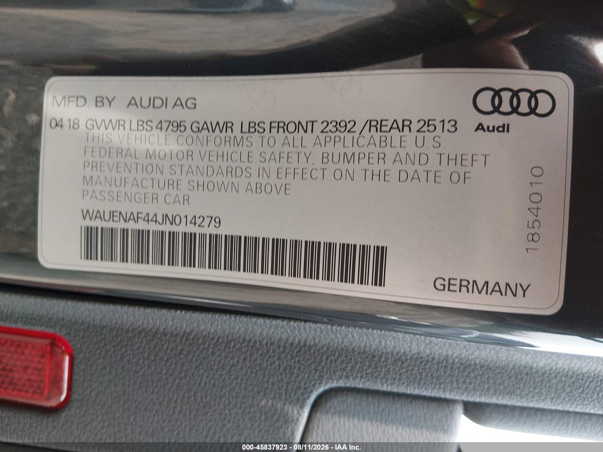 AUDI A4 2018 VIN WAUENAF44JN014279