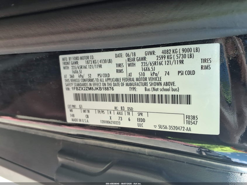 FORD TRANSIT-350 2018 VIN 1FBZX2ZM8JKB18876