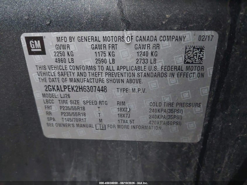 GMC TERRAIN 2017 VIN 2GKALPEK2H6307448