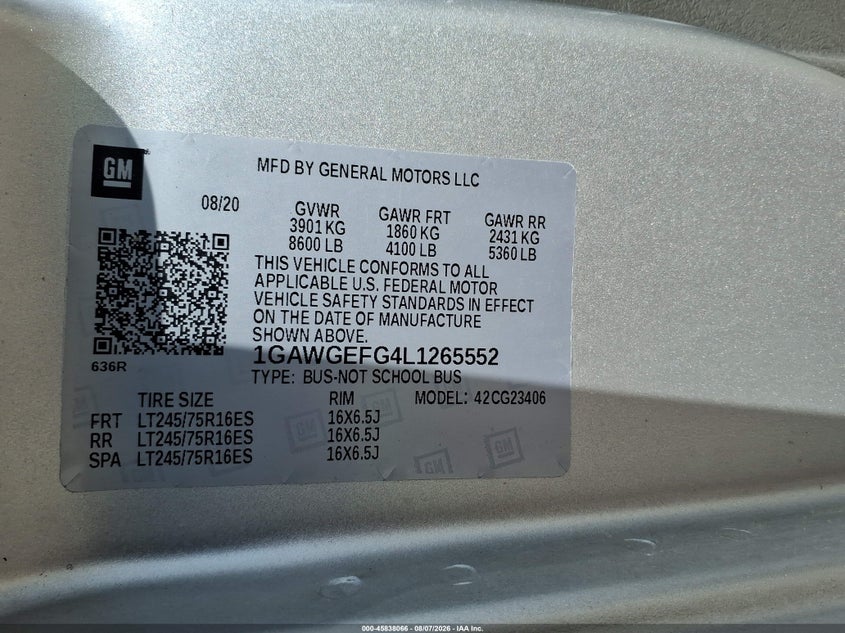 CHEVROLET EXPRESS PASSENGER 2020 VIN 1GAWGEFG4L1265552