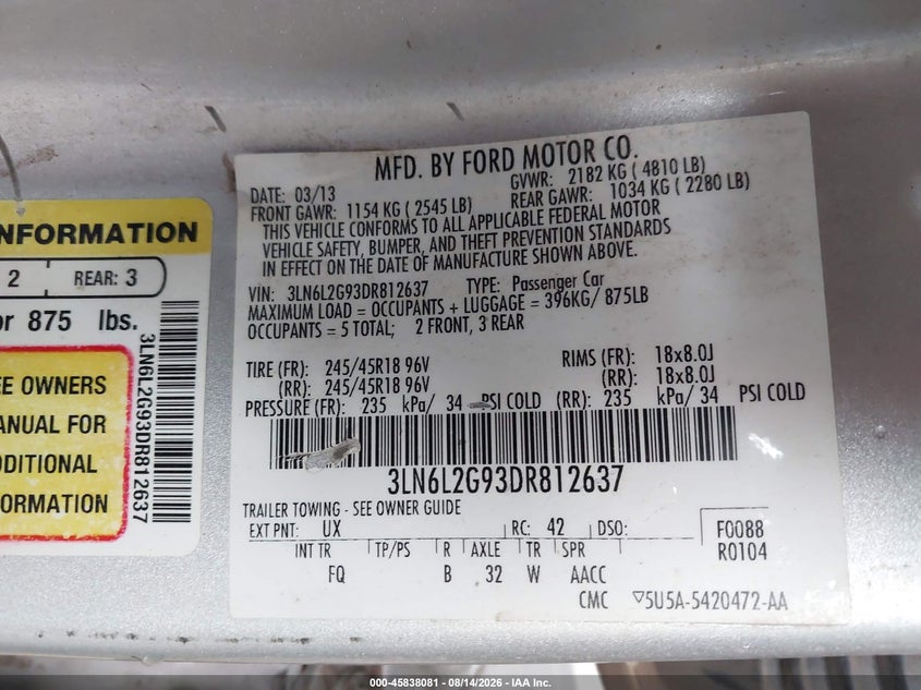 LINCOLN MKZ 2013 VIN 3LN6L2G93DR812637