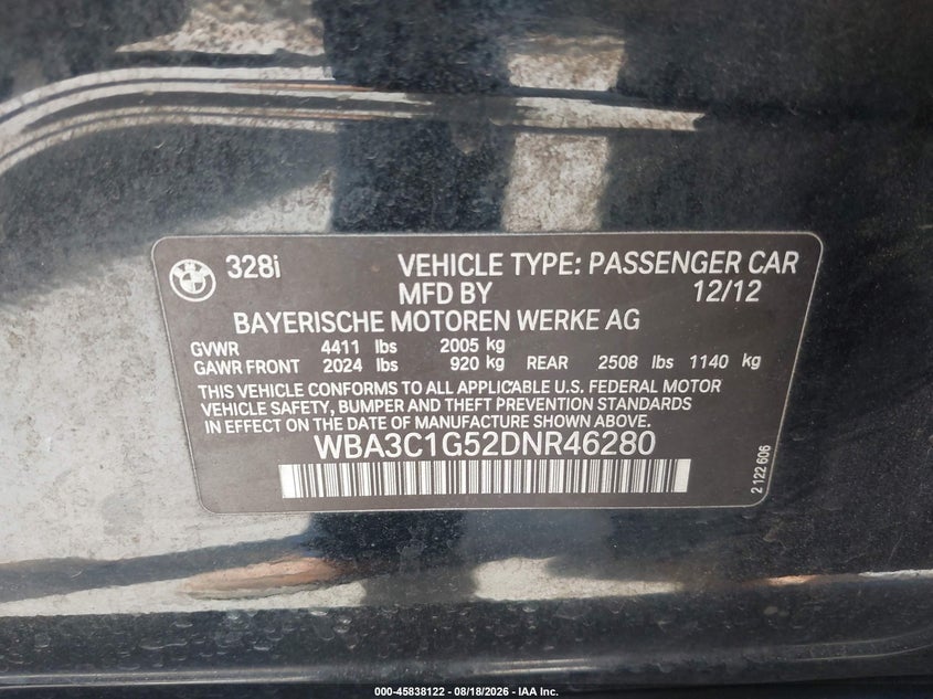 BMW 328I 2013 VIN WBA3C1G52DNR46280