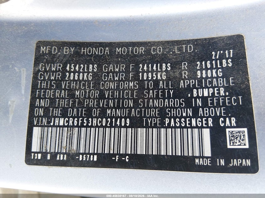 HONDA ACCORD HYBRID 2017 VIN JHMCR6F53HC021409