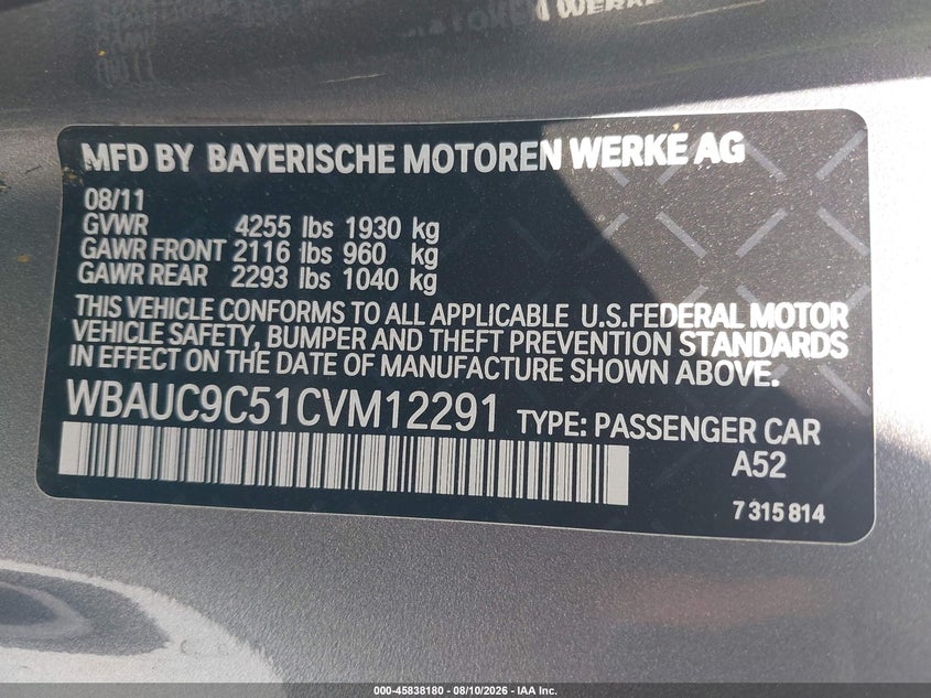 BMW 135I 2012 VIN WBAUC9C51CVM12291