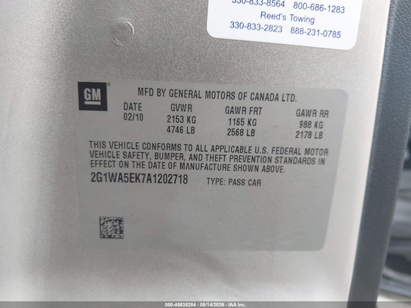 CHEVROLET IMPALA 2010 VIN 2G1WA5EK7A1202718