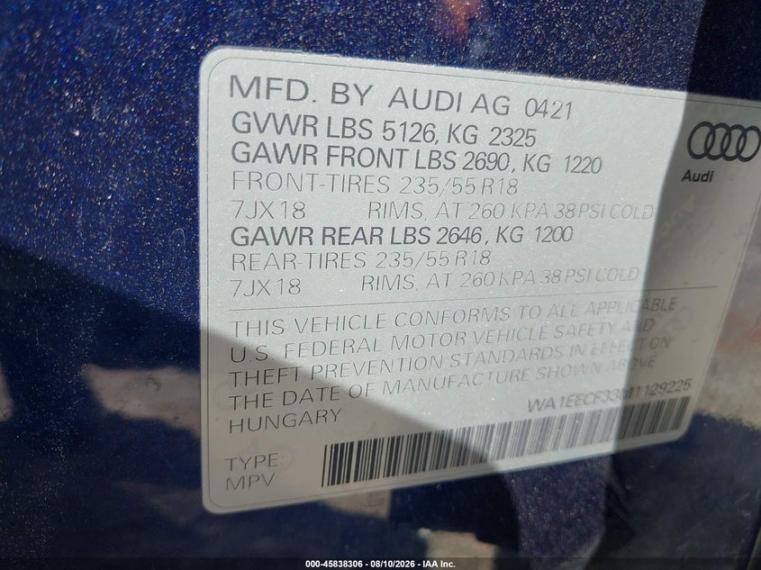 2021 AUDI Q3 SPORT UTILITY VEHICLE 2.0L I-4 DI, DOHC, VVT, TURBO, 228HP