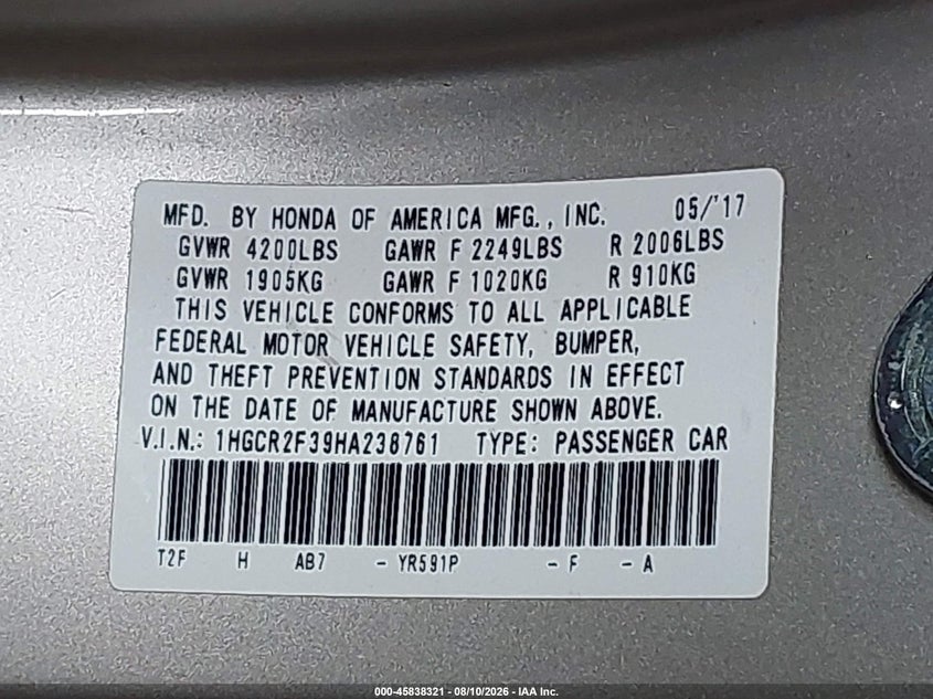 2017 HONDA ACCORD SEDAN 2.4L I-4 DI, DOHC, VVT, 185HP