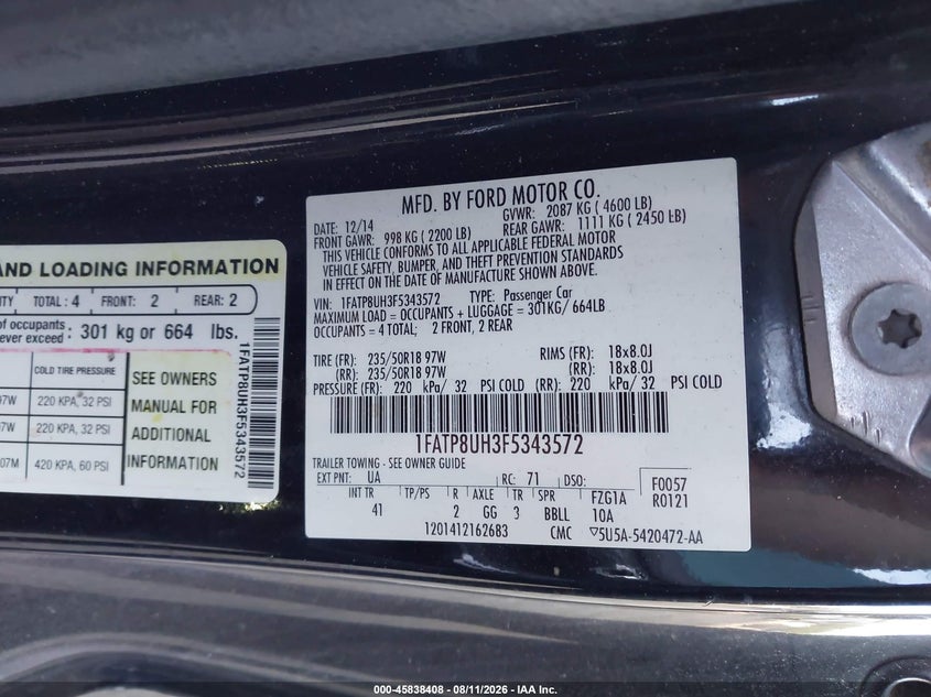 2015 FORD MUSTANG CABRIO 2.3L I-4 DI, DOHC, VVT, TURBO, 310HP
