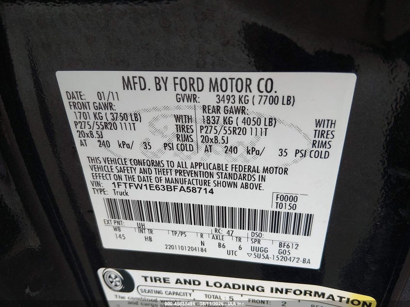 2011 FORD F-150 PICKUP 6.2L V8 FI SOHC 16V NF2