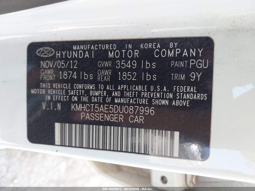 HYUNDAI ACCENT 2013 VIN KMHCT5AE5DU087996
