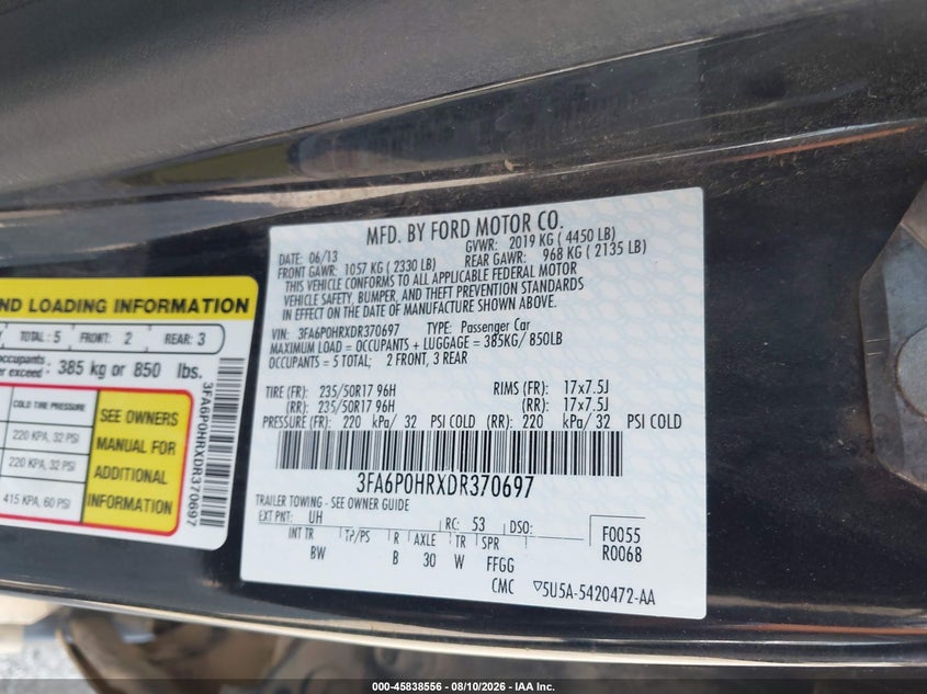 2013 FORD FUSION SEDAN 1.6L I-4 DI, DOHC, VVT, TURBO, 173HP