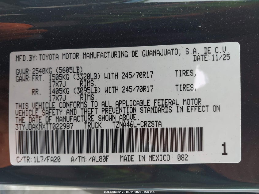 TOYOTA TACOMA 2026 VIN 3TYJDAKNXTT022987