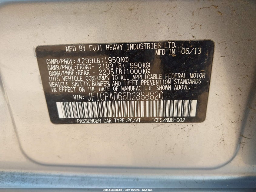 2013 SUBARU IMPREZA HATCHBACK 2.0L H-4 DOHC, VVT, 148HP