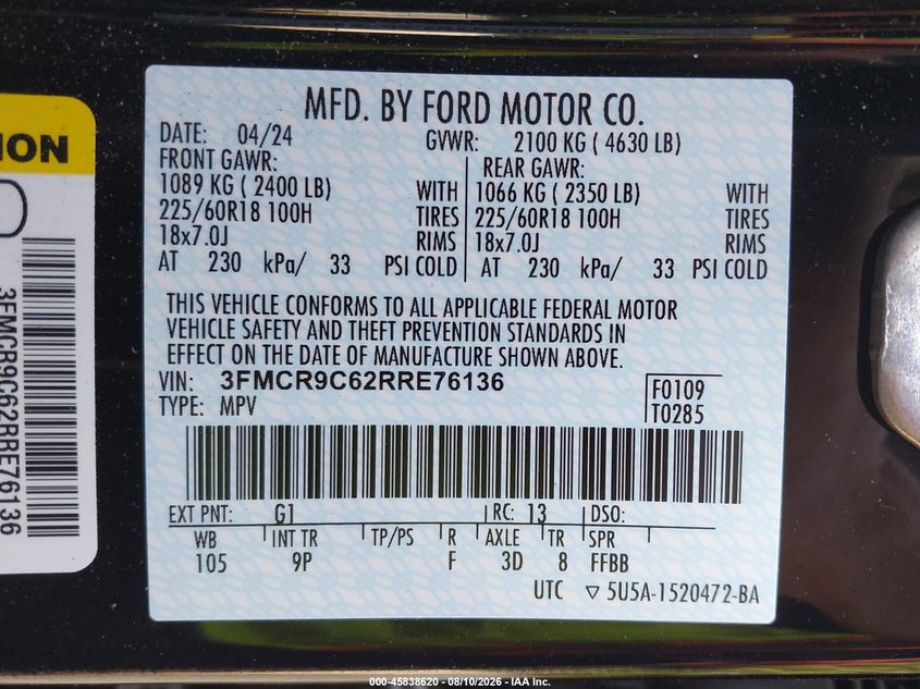 FORD BRONCO SPORT 2024 VIN 3FMCR9C62RRE76136