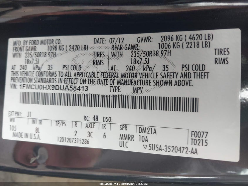 FORD ESCAPE 2013 VIN 1FMCU0HX9DUA58413