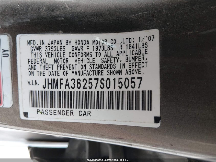 2007 HONDA CIVIC SEDAN 1.3L I-4 VVT, 93HP