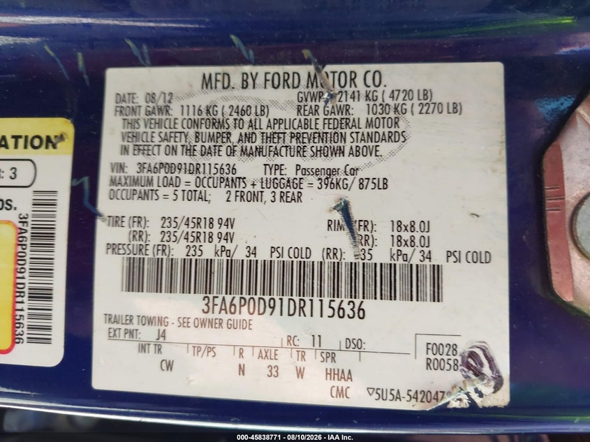2013 FORD FUSION SEDAN 2.0L I-4 DI, DOHC, VVT, TURBO, 231HP