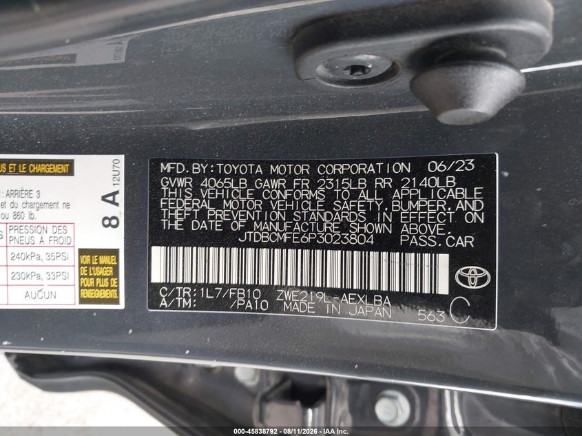 2023 TOYOTA COROLLA SEDAN 1.8L I-4 DOHC, VVT, 96HP