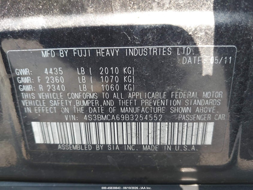 SUBARU LEGACY 2011 VIN 4S3BMCA69B3254552