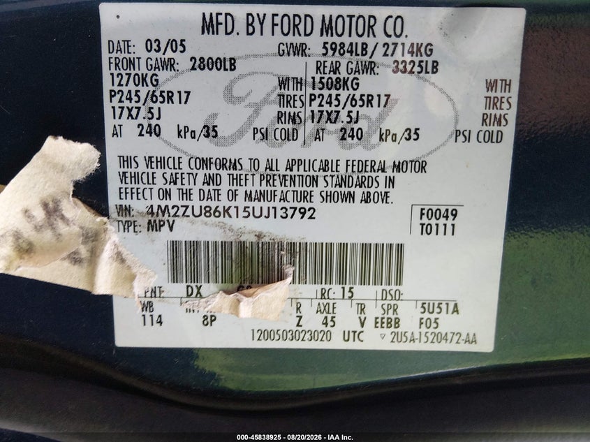MERCURY MOUNTAINEER 2005 VIN 4M2ZU86K15UJ13792