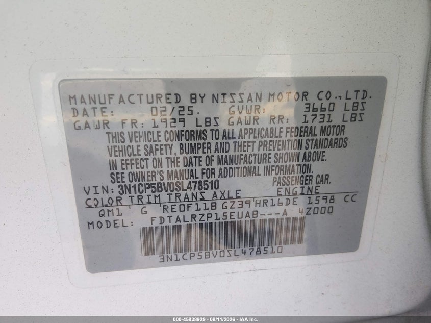 NISSAN KICKS PLAY 2025 VIN 3N1CP5BV0SL478510