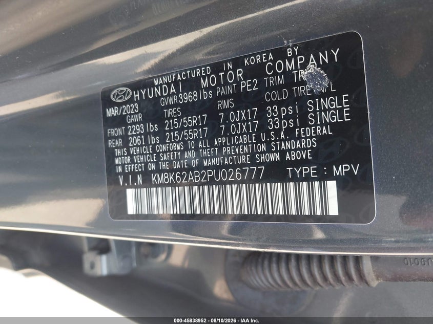 HYUNDAI KONA 2023 VIN KM8K62AB2PU026777