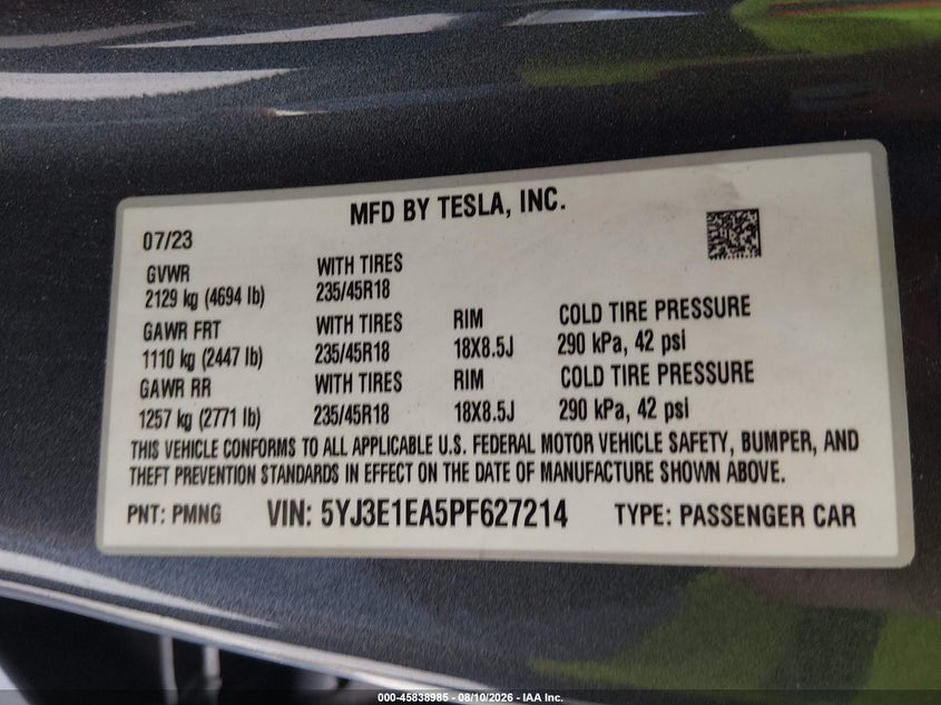 TESLA MODEL 3 2023 VIN 5YJ3E1EA5PF627214