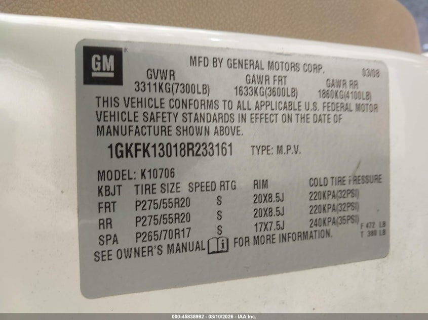 GMC YUKON 2008 VIN 1GKFK13018R233161