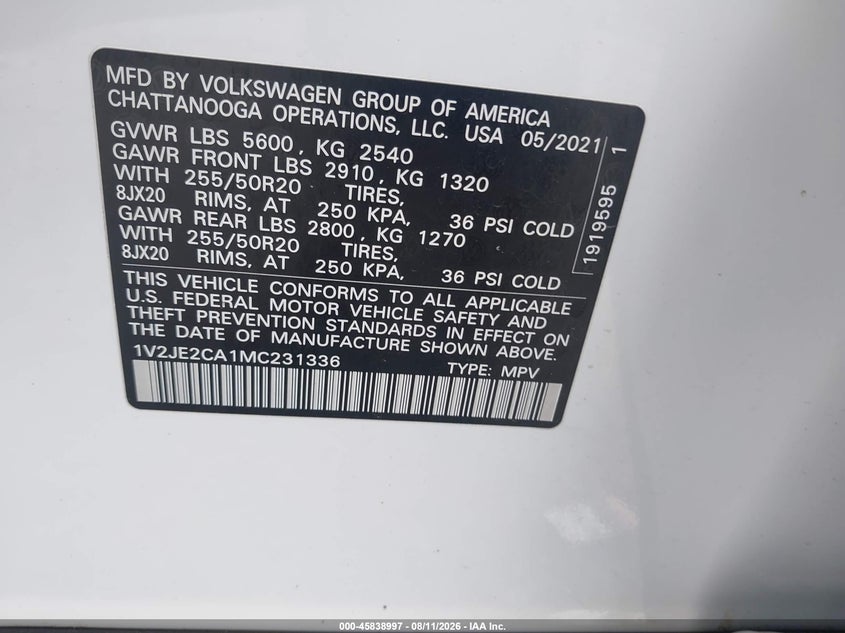 VOLKSWAGEN ATLAS CROSS SPORT 2021 VIN 1V2JE2CA1MC231336
