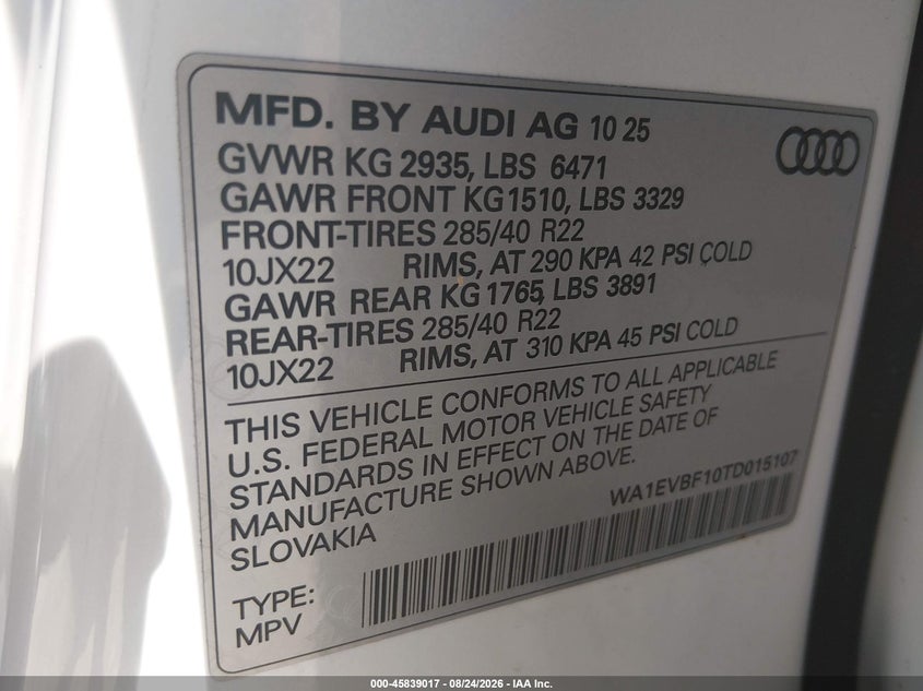 AUDI Q8 2026 VIN WA1EVBF10TD015107